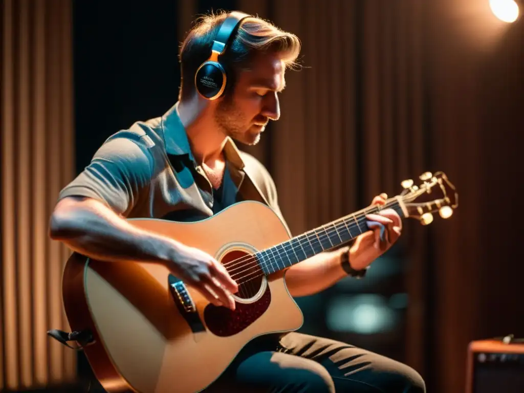 Un músico toca una guitarra de doce cuerdas en un ambiente íntimo y tenue, transmitiendo pasión y concentración