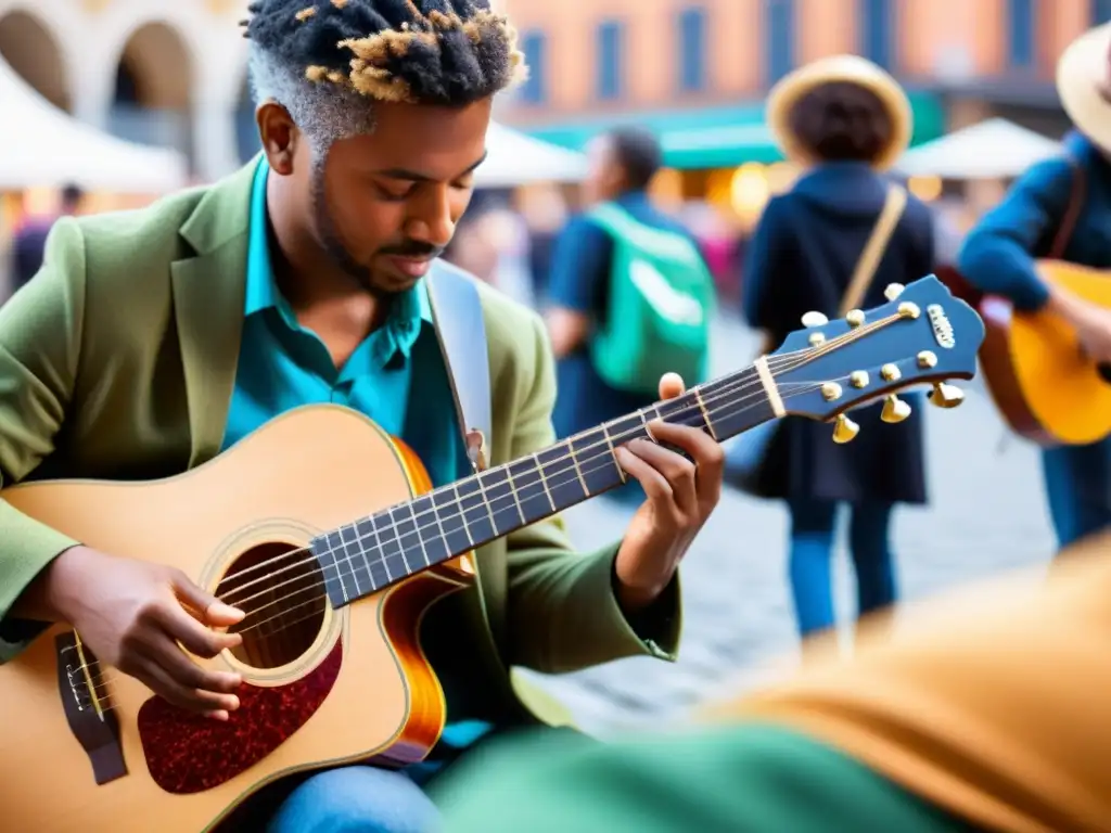 Un músico toca una guitarra con cuerdas biodegradables en una plaza vibrante, cautivando a una audiencia diversa