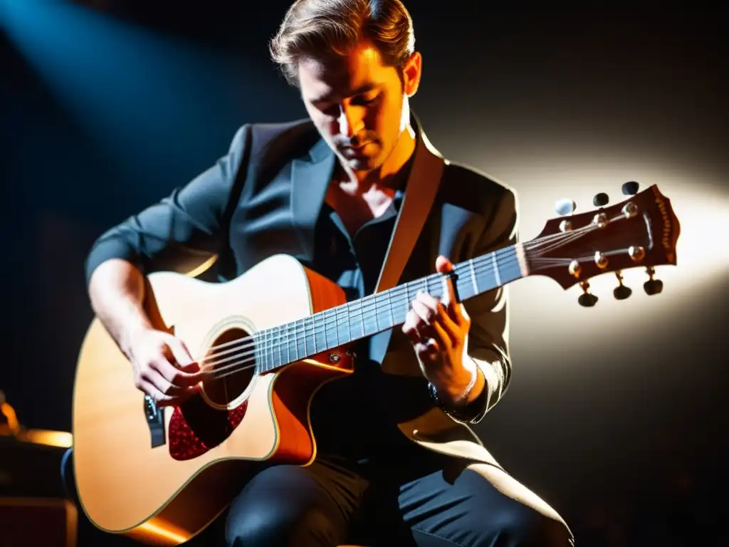 Un músico hábil toca una guitarra de doce cuerdas en un escenario con poca luz, mostrando pasión y destreza