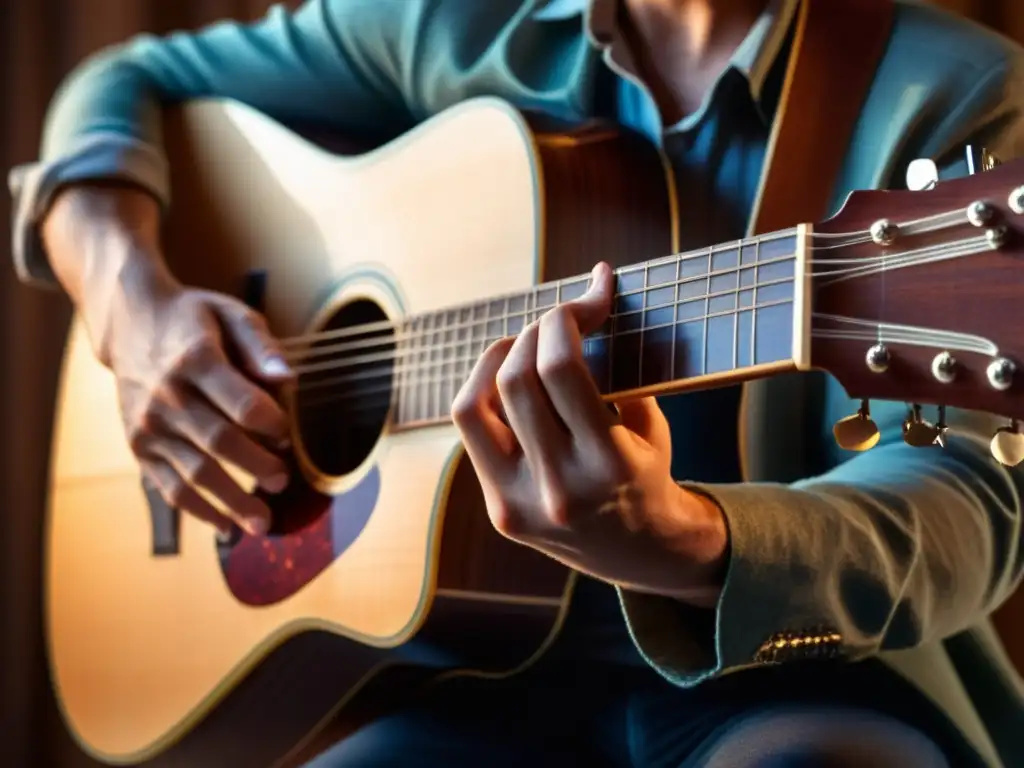 Un músico toca intensamente una guitarra de 12 cuerdas, iluminado por cálidas luces de escenario