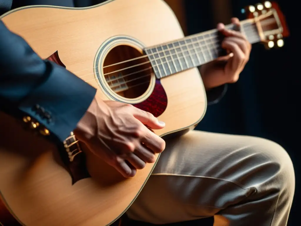 Un músico toca una guitarra de 12 cuerdas en un primer plano, mostrando la destreza y la pasión por el rock alternativo