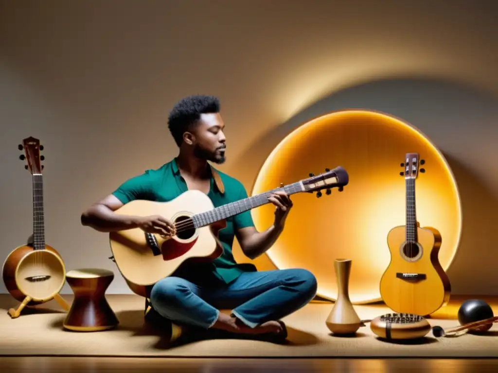 Un músico toca una guitarra ecofriendly en un estudio iluminado, rodeado de instrumentos musicales sostenibles con diseño ergonómico