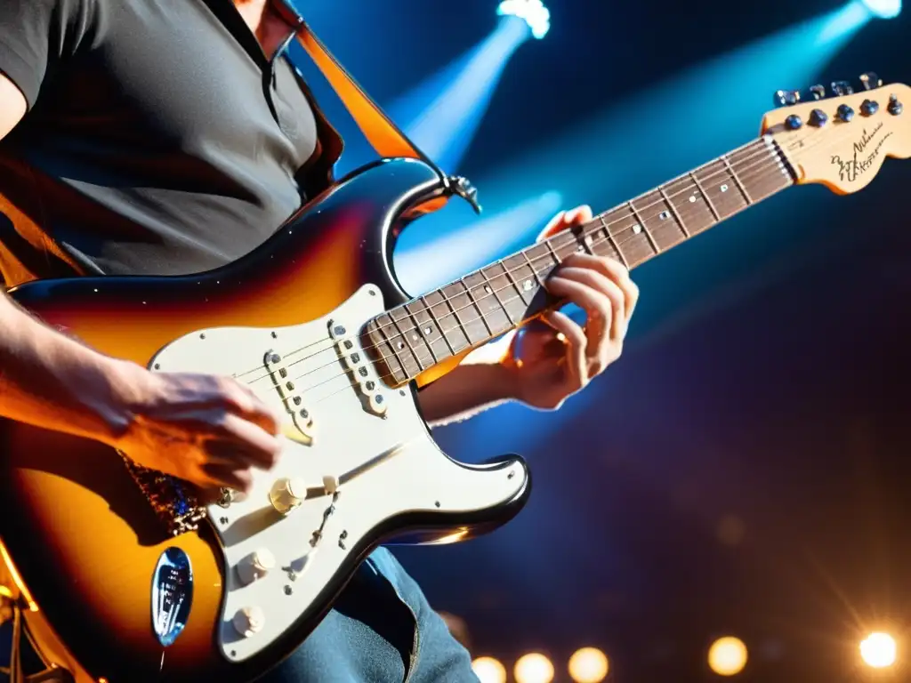 Un músico toca una guitarra eléctrica Fender Stratocaster en un escenario iluminado, mostrando la pasión de una actuación en vivo