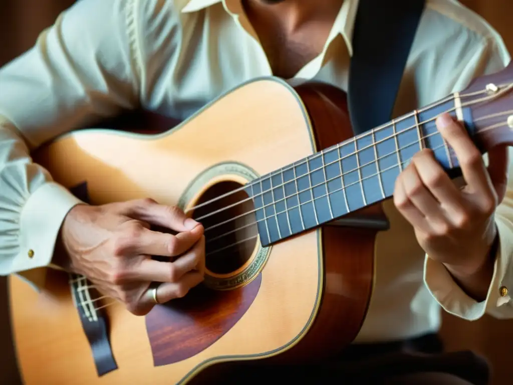 Un músico hábil toca una guitarra española, destacando los detalles del instrumento y la expresión cultural