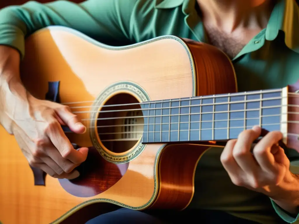 Un músico hábil toca una guitarra española, capturando la tradición y el análisis acústico de este instrumento icónico