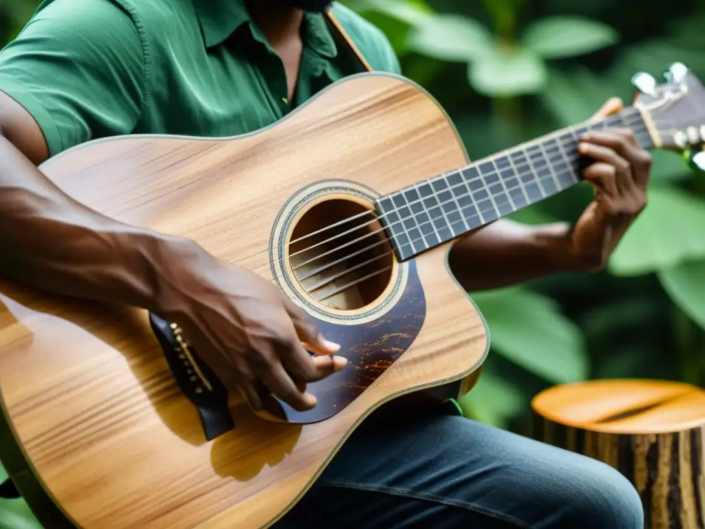 Un músico toca una guitarra de madera recuperada, mostrando la fusión entre la música y la conciencia ambiental