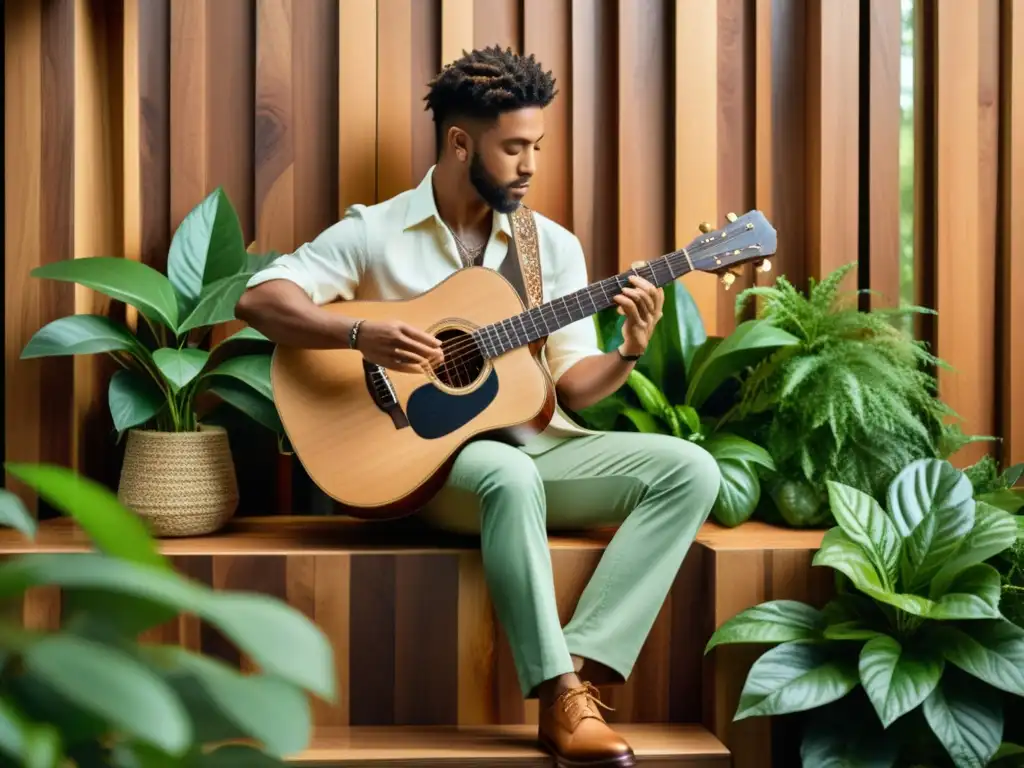 Un músico toca una guitarra de madera sostenible rodeado de naturaleza, reflejando la armonía de los instrumentos musicales ecológicos sostenibles