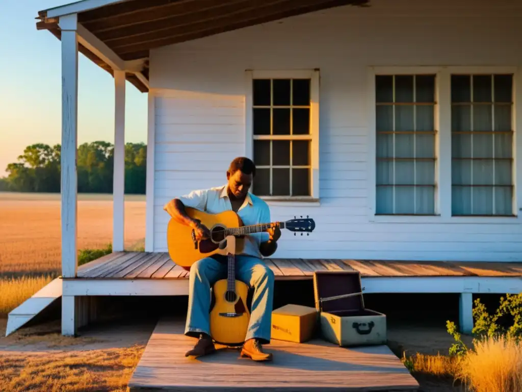 Un músico toca su guitarra en el porche de una casa del Delta de Mississippi al atardecer, evocando el misterio y la historia del blues