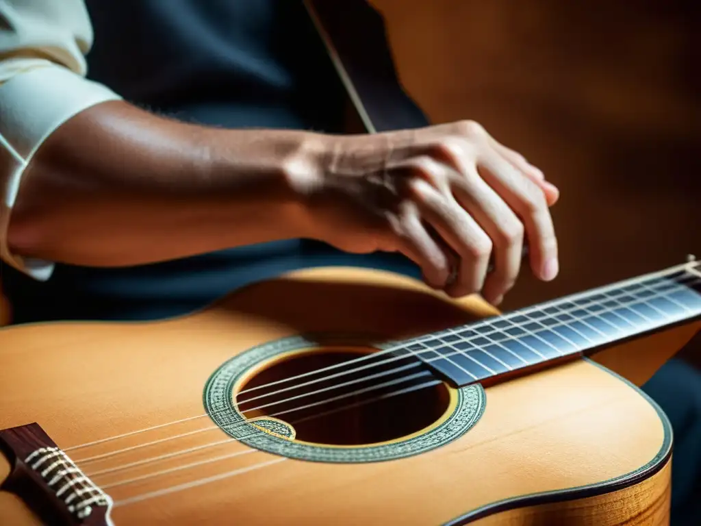 Un músico interpreta con pasión la guitarra portuguesa, transmitiendo la historia y la emoción del fado a través de sus manos expertas