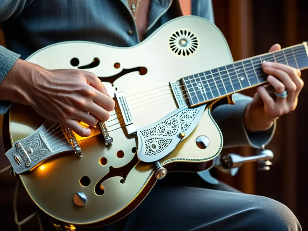 Un músico afinando una guitarra resonadora vintage en afinación abierta para tocar blues, mostrando la historia y la artesanía del instrumento