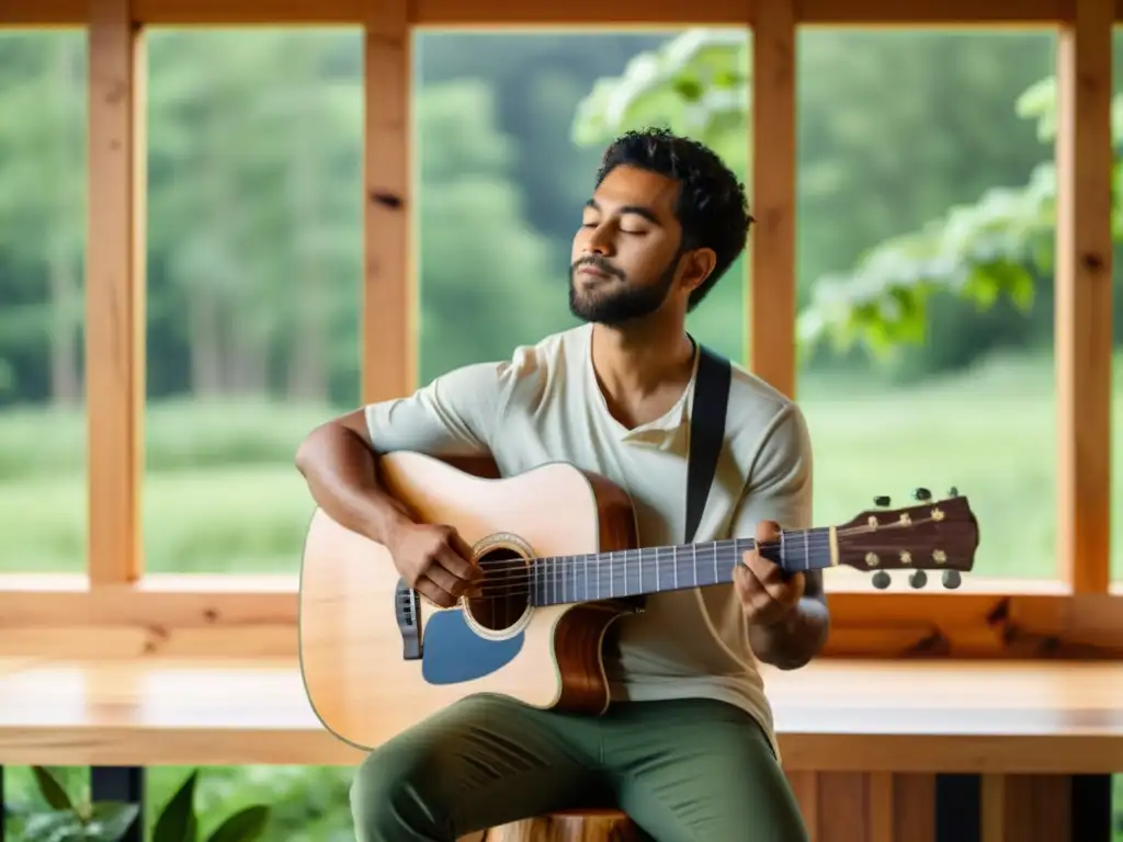 Un músico tocando una guitarra sostenible de diseño ergonómico, sumergido en la conexión armoniosa entre la música y la naturaleza