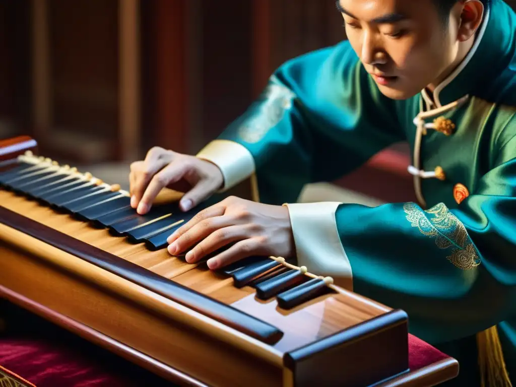 Un músico toca un guqin chino, mostrando detalles y expresión cultural