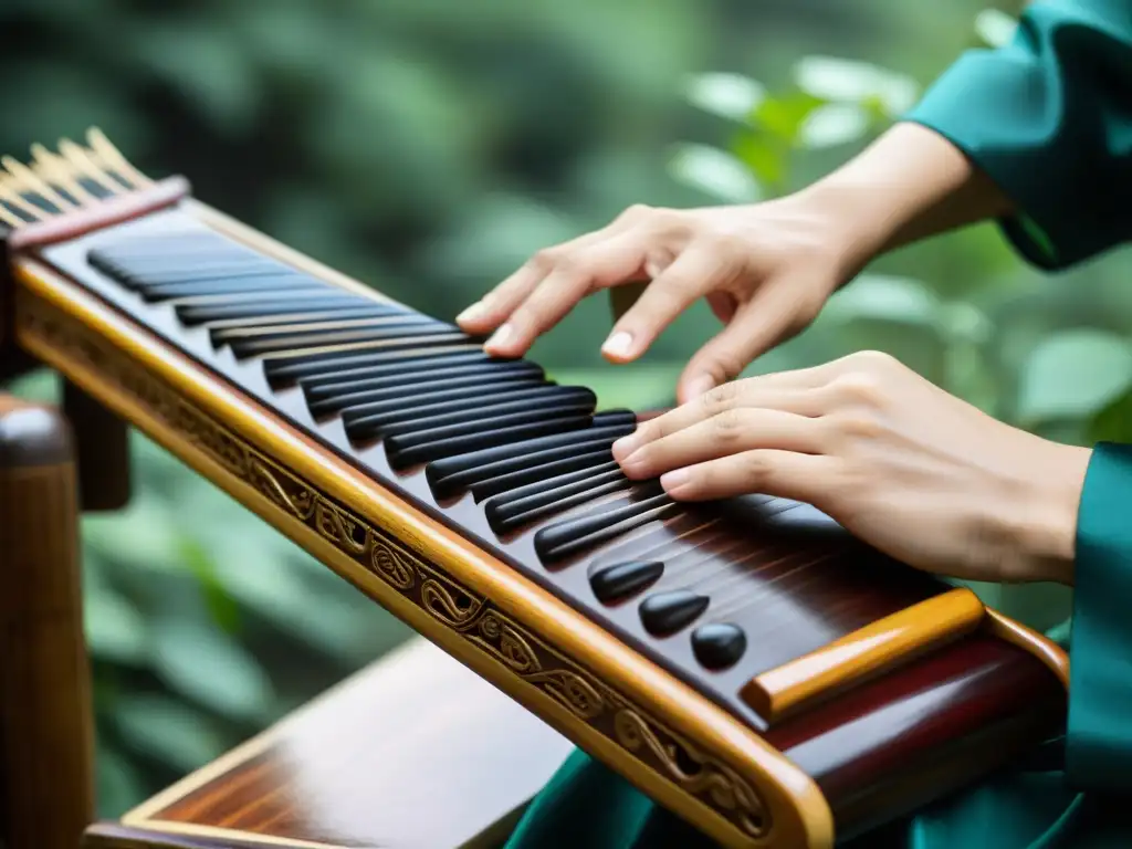 Un músico toca un guqin chino en un entorno natural y sereno, representando la filosofía y la música del Guqin