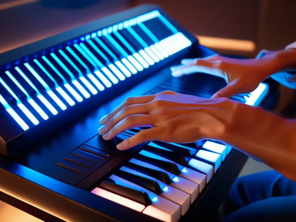 Un músico muestra habilidad al reinventar el teclado musical con el Seaboard, transmitiendo emoción y destreza en una atmósfera cálida