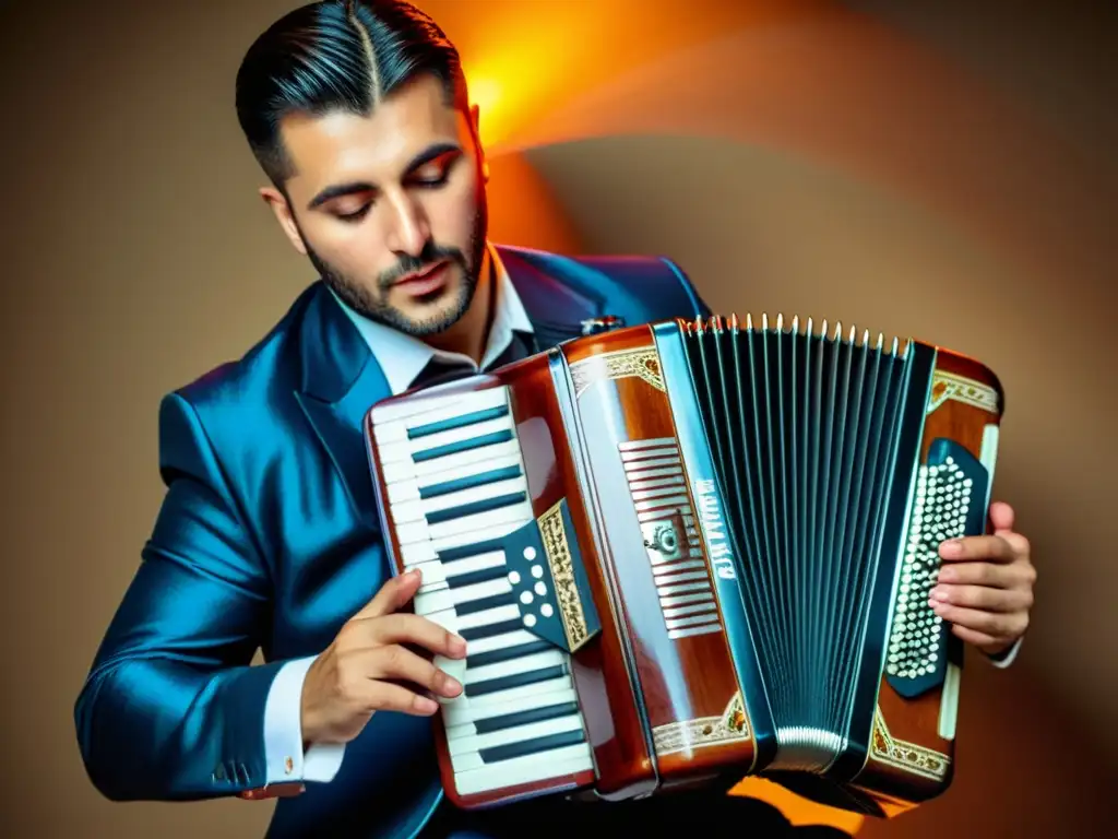 Un músico habilidoso toca un acordeón balcánico en un animado pueblo, capturando el sonido característico del acordeón balcánico