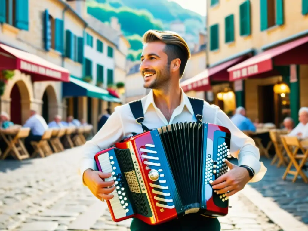 Un músico habilidoso toca un acordeón diatónico en una animada plaza del folklore francés