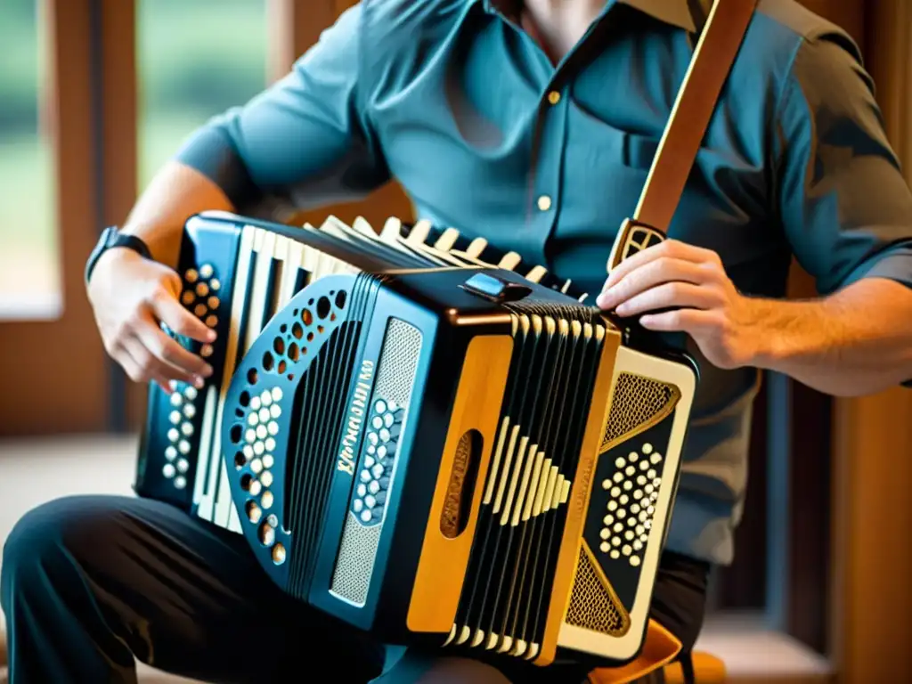 Un músico habilidoso toca un acordeón diatónico, evocando el folklore francés con pasión y precisión