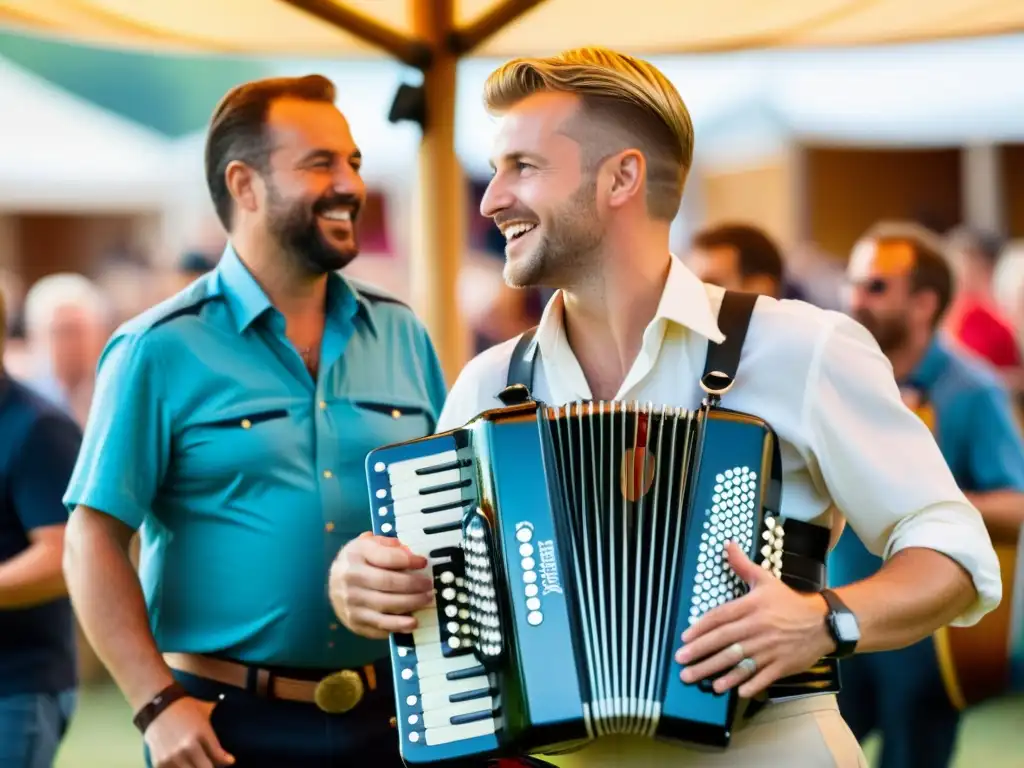 Un músico habilidoso tocando un acordeón diatónico en un festival de música folk europea, capturando la energía y riqueza cultural