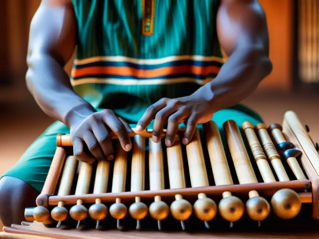 Un músico habilidoso toca el balafón africano, mostrando detalles intrincados de las teclas de madera, resonadores y mazas