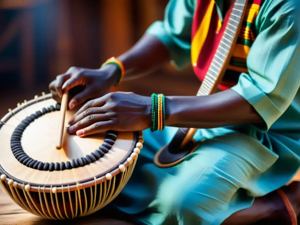 Un músico habilidoso toca el kora africano, transmitiendo la historia y sonido del instrumento en un espacio íntimo y tenue