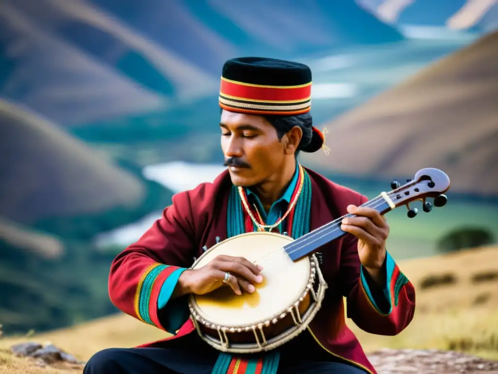 Un músico habilidoso toca la bandola Andina en los impresionantes Valles Venezolanos, capturando la esencia cultural