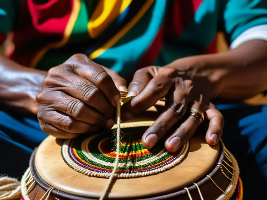 Un músico habilidoso toca la bandola andina, sus manos detalladas pluck las cuerdas con emoción