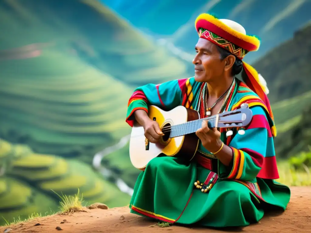 Un músico habilidoso toca la Bandola Andina en los Valles Venezolanos, rodeado de montañas verdes exuberantes