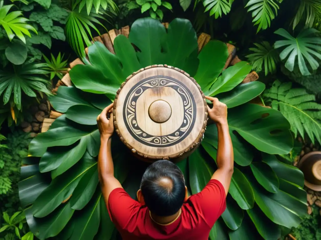 Un músico habilidoso toca un antiguo Teponaztli en la exuberante selva mexicana, emanando vibraciones poderosas