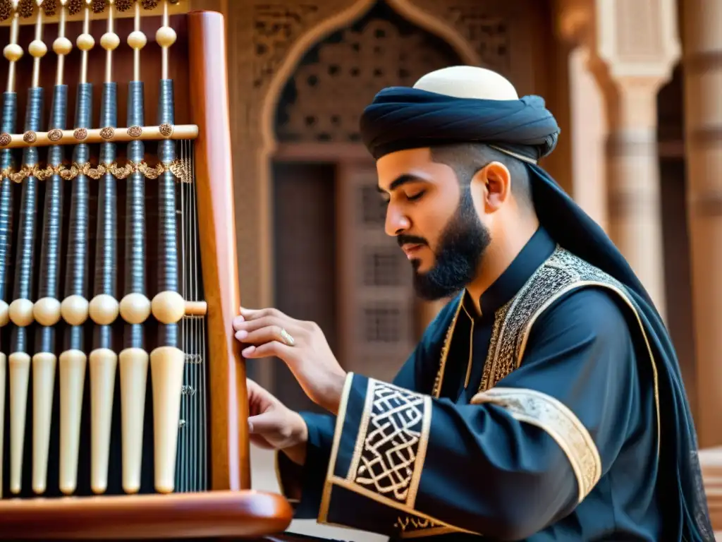 Un músico habilidoso interpreta el Qanun árabe, revelando su historia y sonido en una imagen culturalmente rica y cautivadora