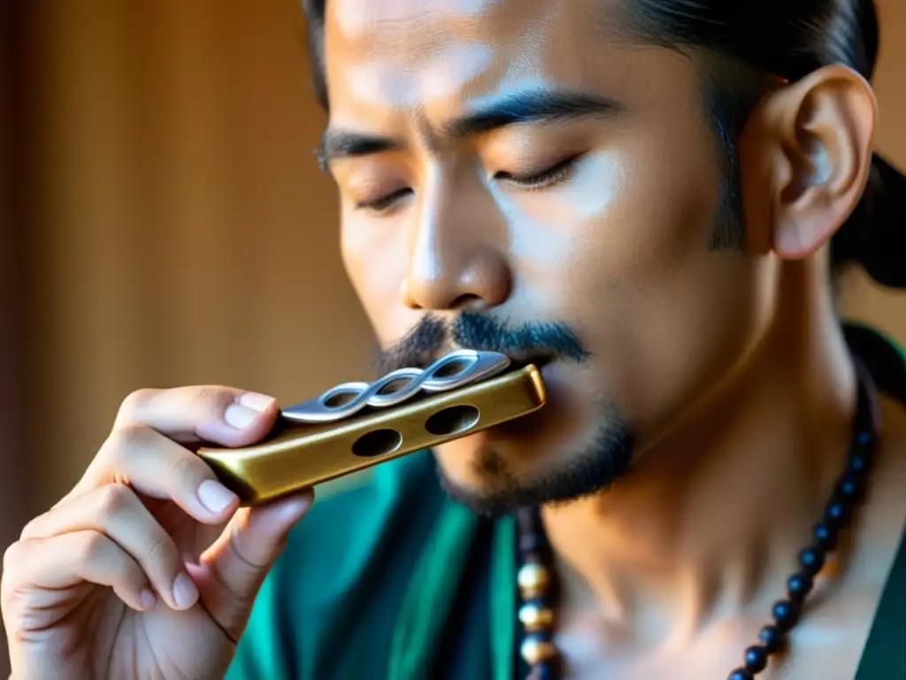 Un músico habilidoso toca un jaw harp asiático con pasión, destacando la construcción detallada del instrumento