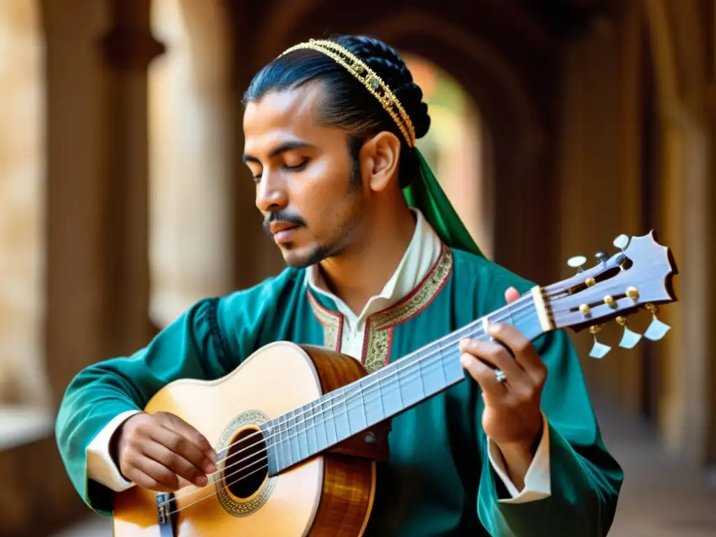 Un músico habilidoso viste atuendo medieval y toca la zanfoña, mostrando la historia y sonido de la zanfoña en una impresionante imagen documental