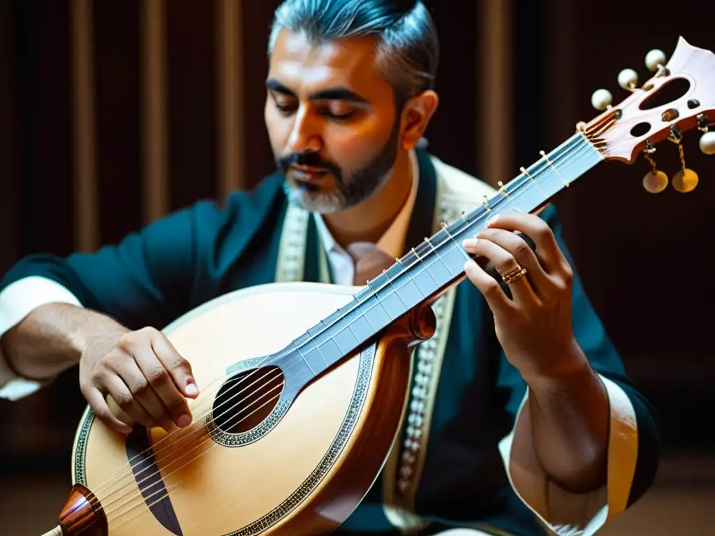 Un músico habilidoso toca un baglama turco en un ambiente íntimo y tenue