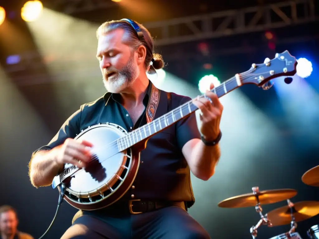 Un músico habilidoso toca un banjo eléctrico con pasión en un festival de música folk, mostrando la innovación del banjo eléctrico en la música folk