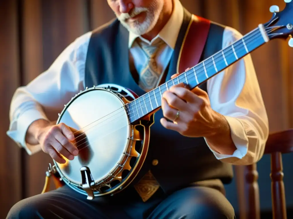 Un músico habilidoso tocando un banjo tradicional, con detalles de las cuerdas, diapasón y mano en movimiento