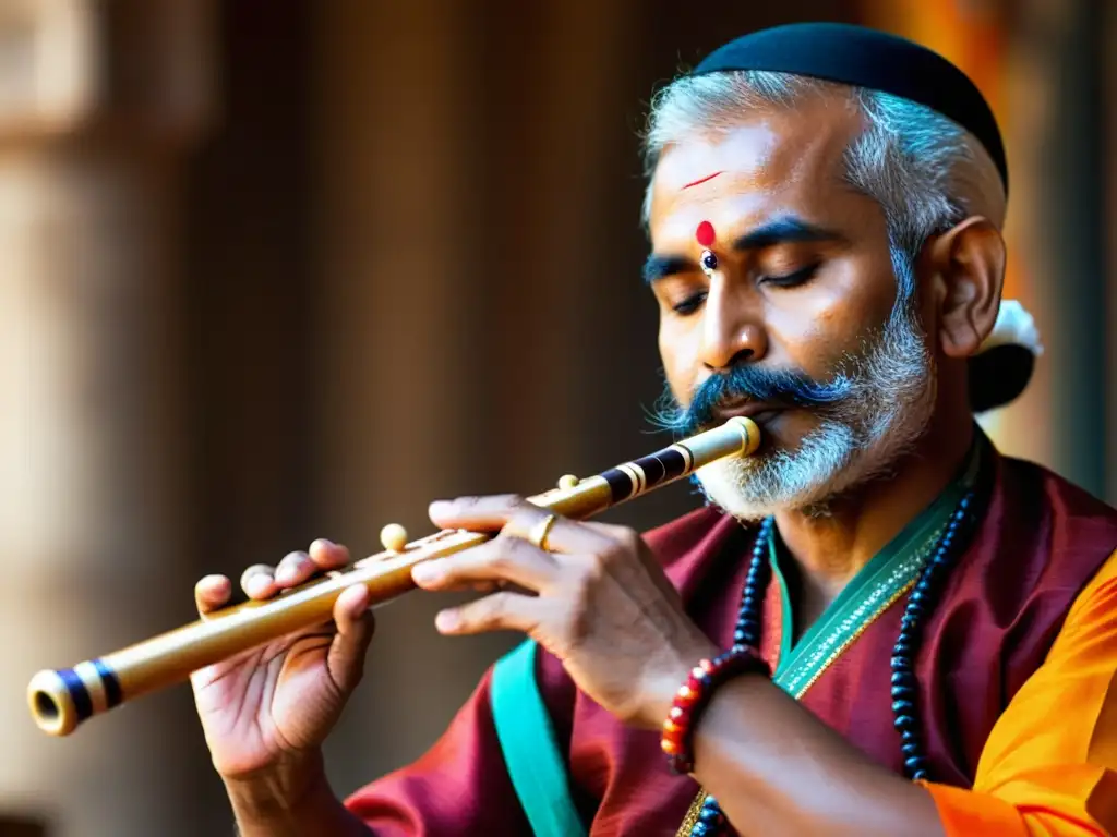 Un músico habilidoso toca el bansuri con intensa emoción en un entorno tradicional indio, mostrando la historia y relevancia cultural del bansuri