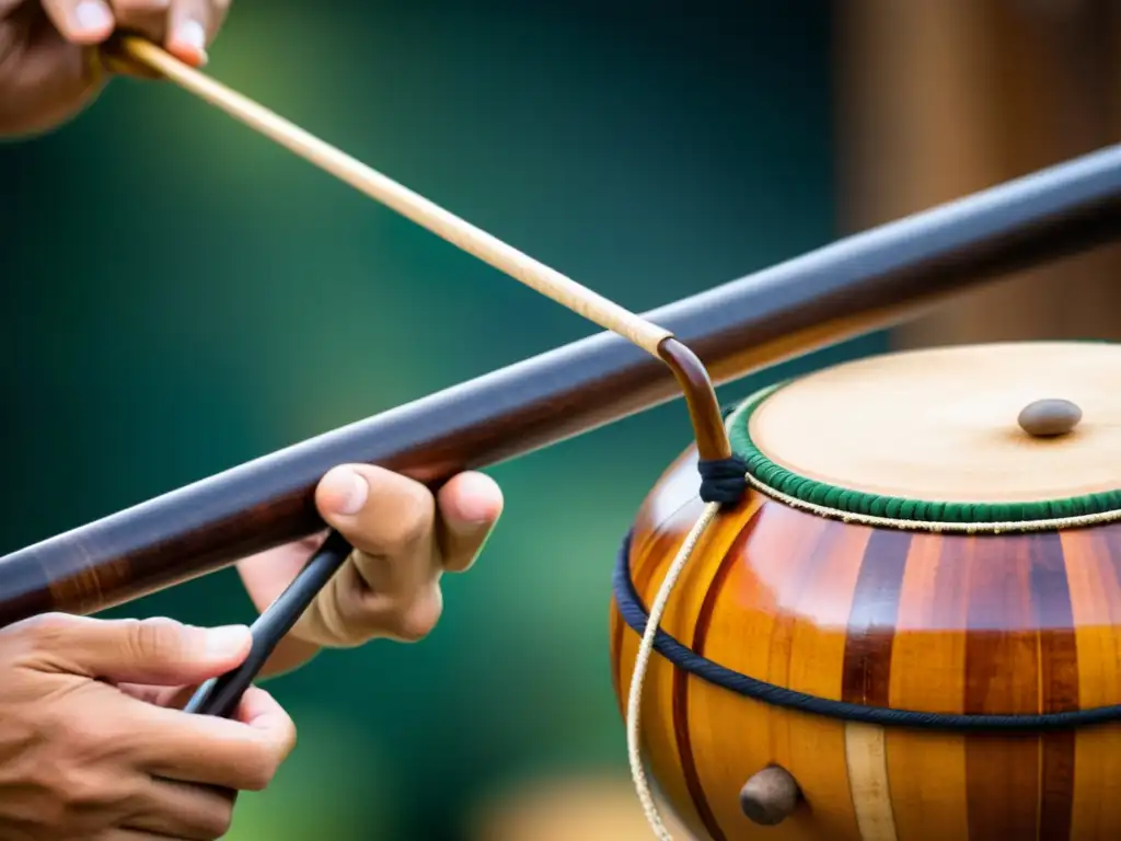 Un músico habilidoso toca un berimbau en medio de una animada roda de capoeira