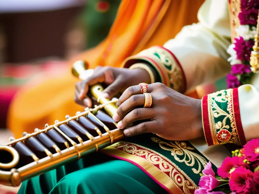 Un músico habilidoso toca el shehnai en una boda tradicional india