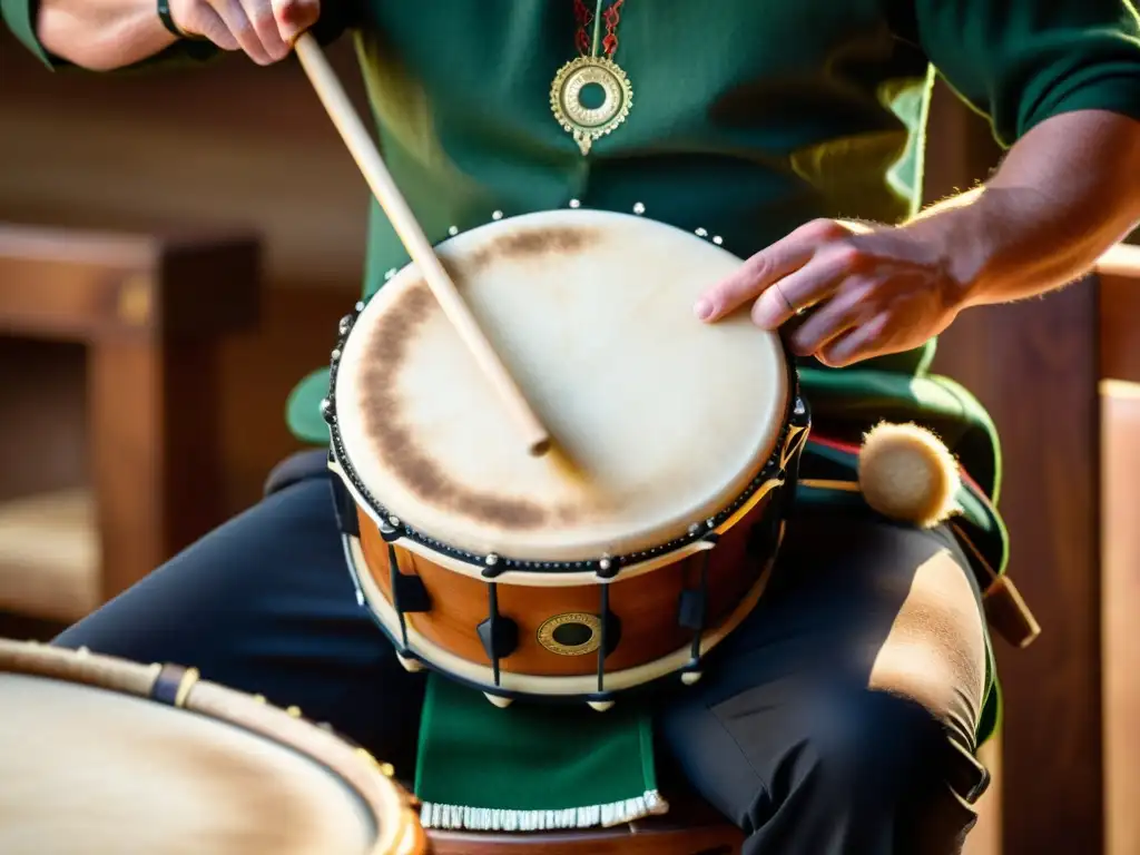 Un músico habilidoso tocando el bodhrán en una enérgica actuación de música celta