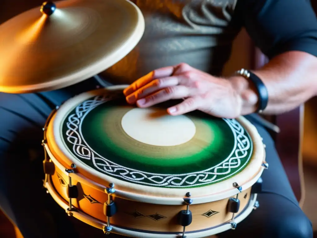 Un músico habilidoso toca con pasión un bodhrán irlandés, con diseños celtas pintados en el tambor