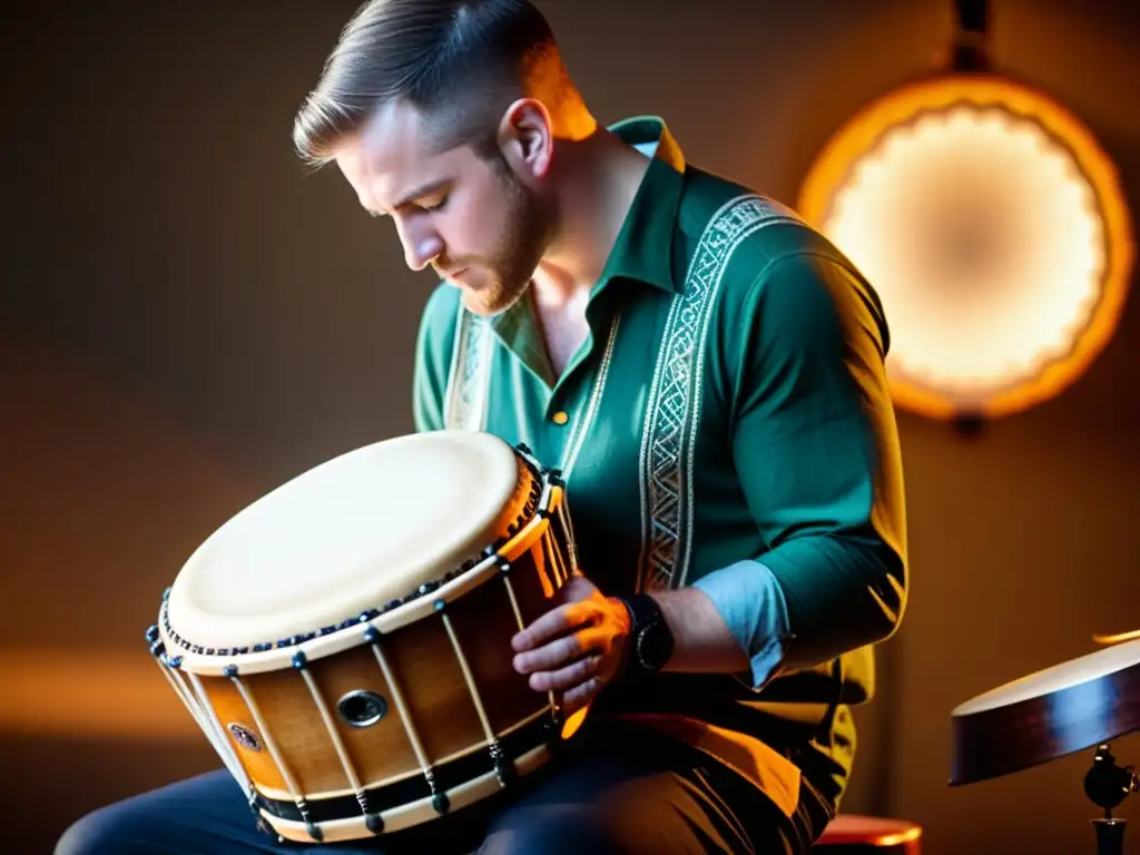 Un músico habilidoso toca el Bodhrán, mostrando la conexión con la música celta