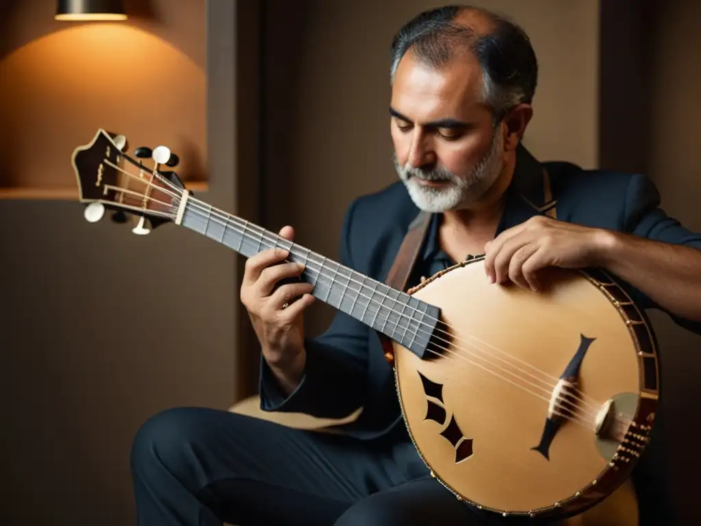 Un músico habilidoso toca un bouzouki griego en un ambiente íntimo, capturando la historia y evolución del instrumento