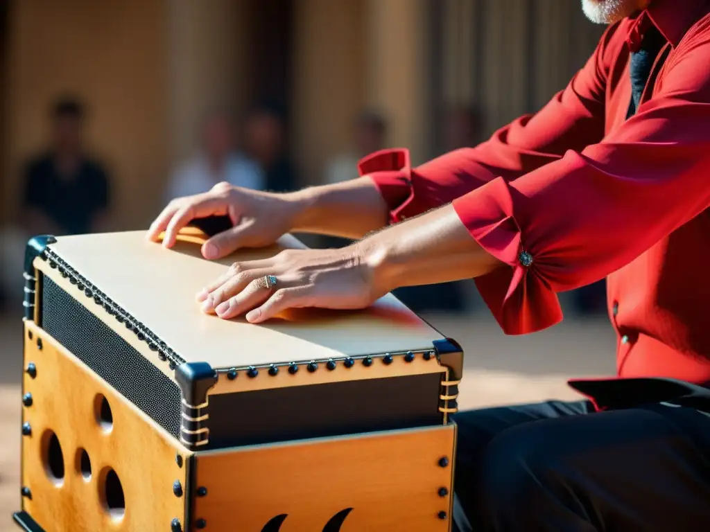 Un músico habilidoso toca un cajón flamenco con pasión en una actuación enérgica, destacando la riqueza y diversidad de la música popular