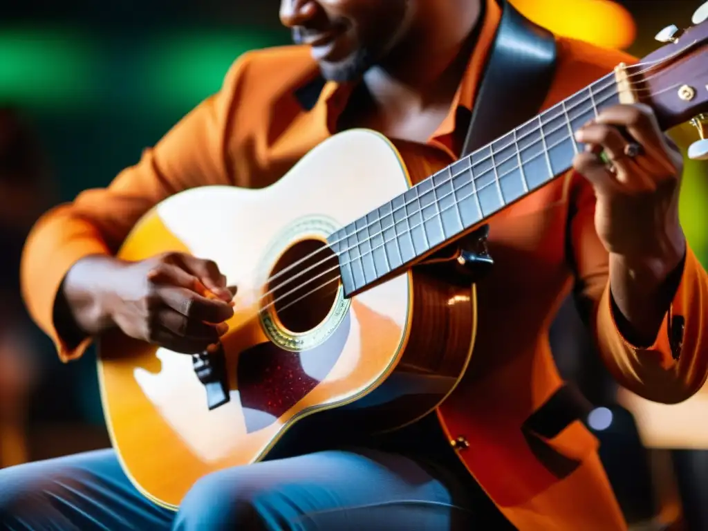 Un músico habilidoso toca un cavaquinho durante una apasionada presentación de samba en un club íntimo de Río de Janeiro