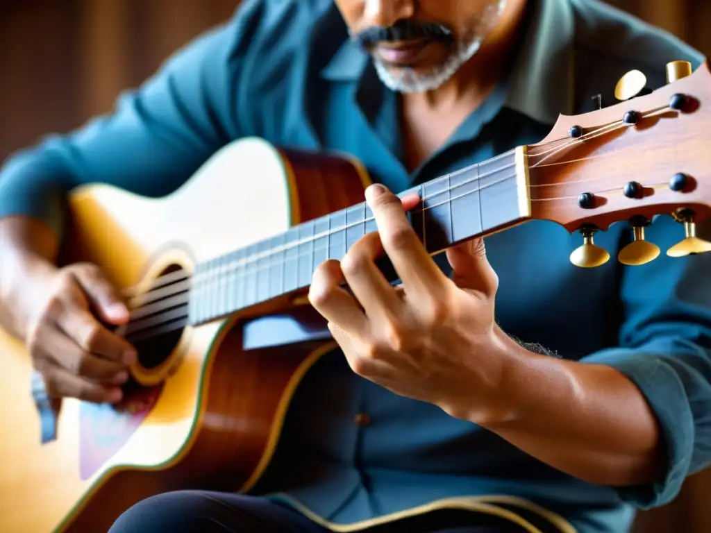 Un músico habilidoso toca el cavaquinho portugués en un estudio íntimo