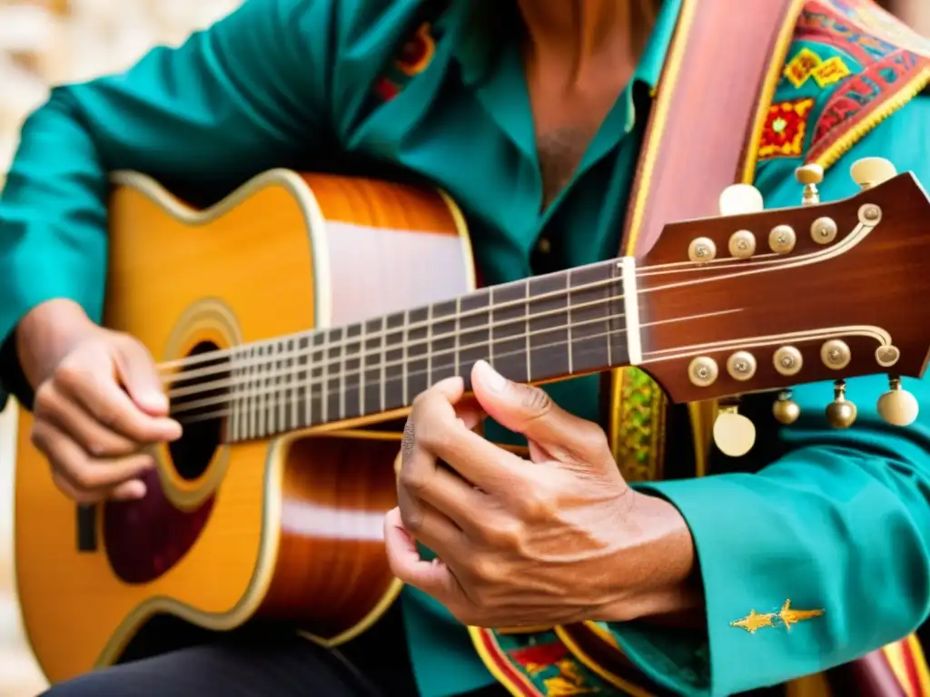 Un músico habilidoso toca con determinación un cavaquinho portugués, resaltando la importancia cultural del instrumento