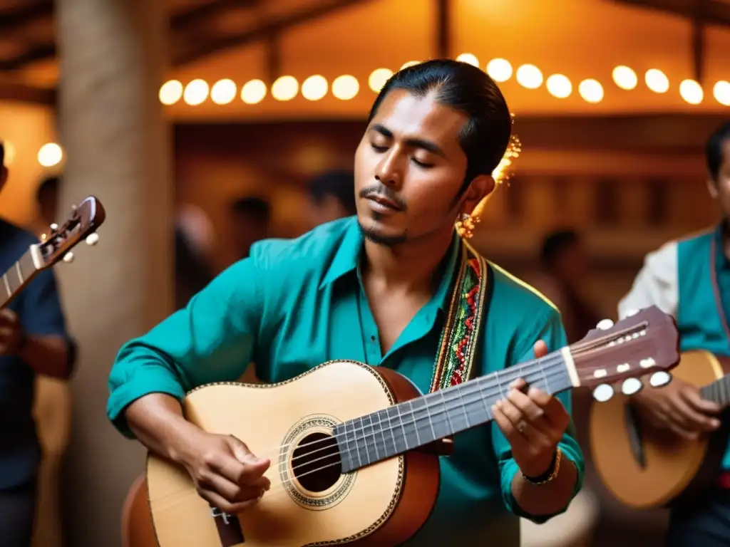 Un músico habilidoso toca el charango en un entorno contemporáneo, fusionando sonidos andinos con géneros modernos