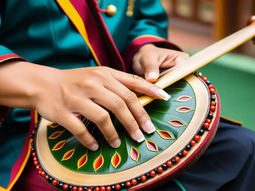 Un músico habilidoso toca el Pipa Chino con destreza, resaltando la tradición y la maestría de este antiguo laúd chino