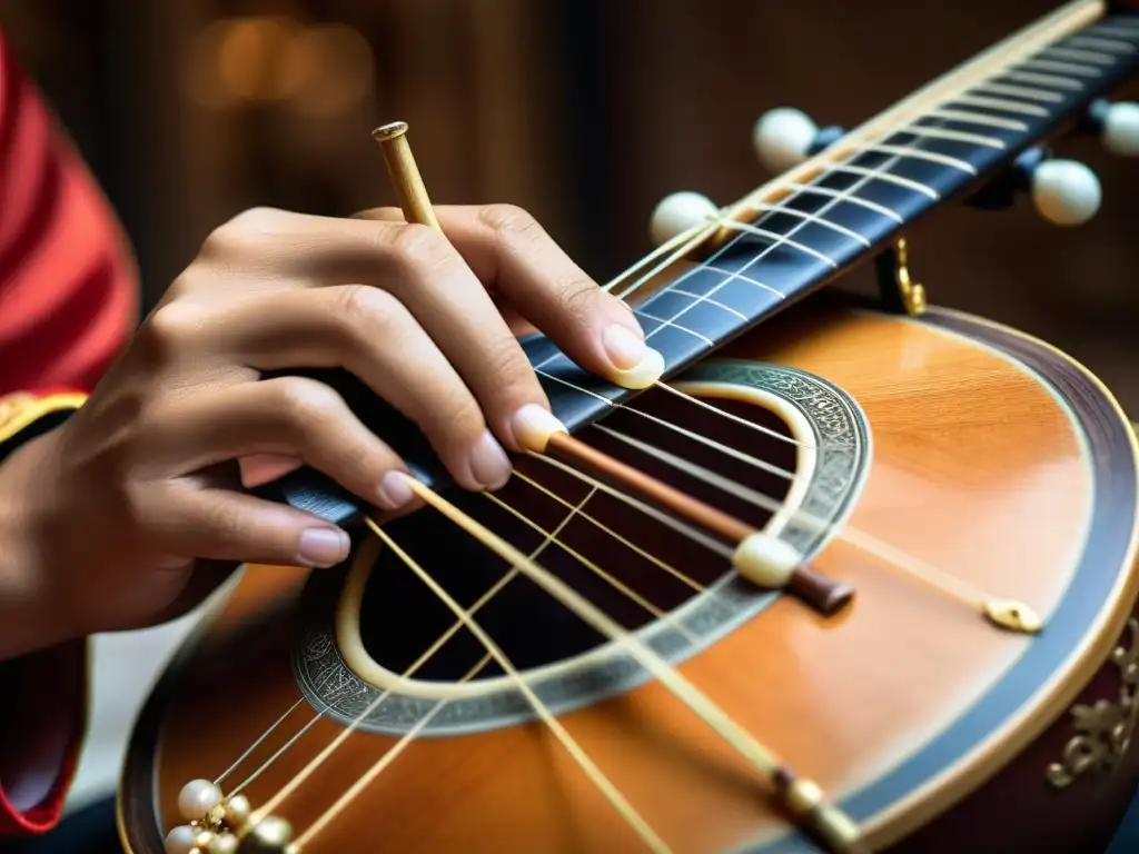 Un músico habilidoso toca el pipa chino, mostrando la tradición y la destreza con sus manos adornadas, mientras un dragón se insinúa en el fondo