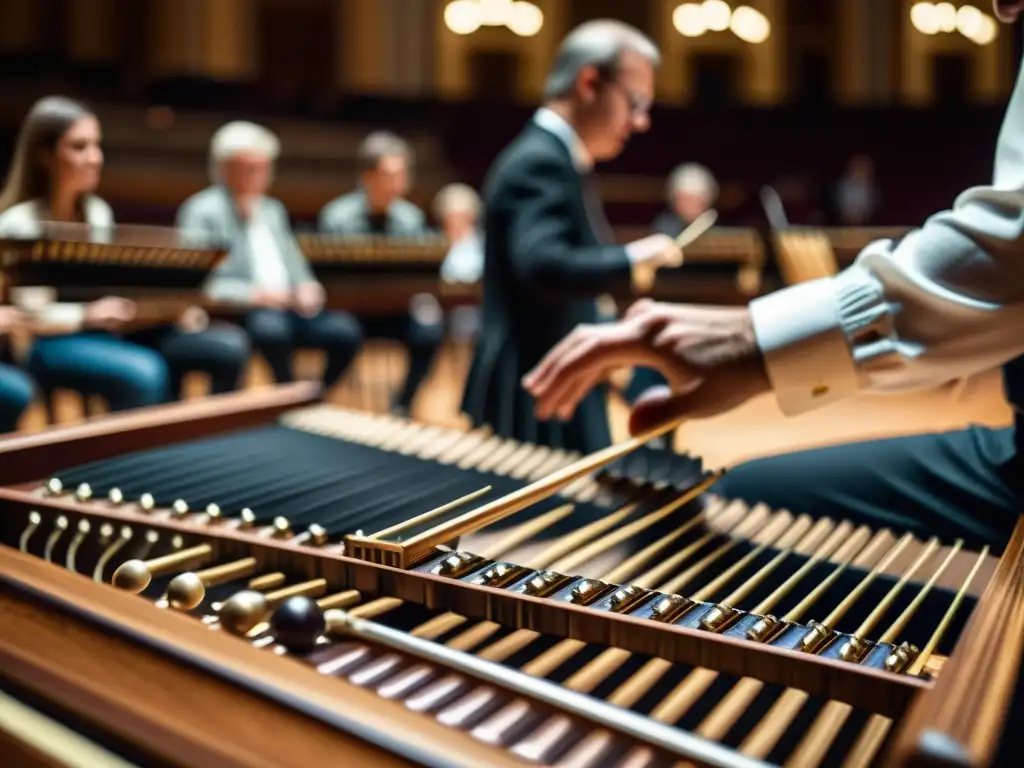 Un músico habilidoso toca el címbalo en un elegante auditorio, con sus cuerdas e intrincados martillos capturados en impresionante detalle