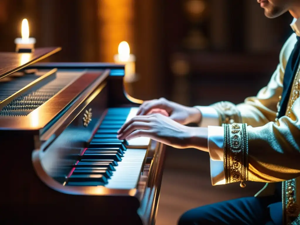 Un músico habilidoso interpreta el clave en un salón barroco iluminado por velas, capturando la esencia de la improvisación en música barroca